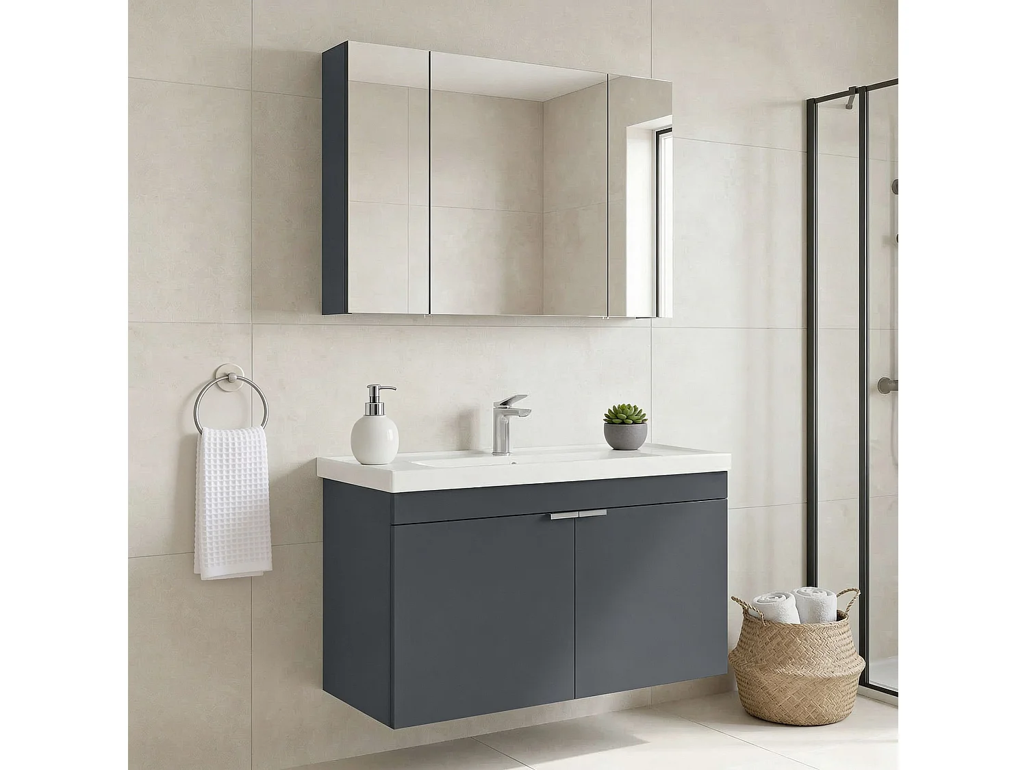 Ensemble Meuble Vasque avec Miroir (2 Pièces) "Desna 100" - 100 x 45 x 58 cm - Matte Anthracite