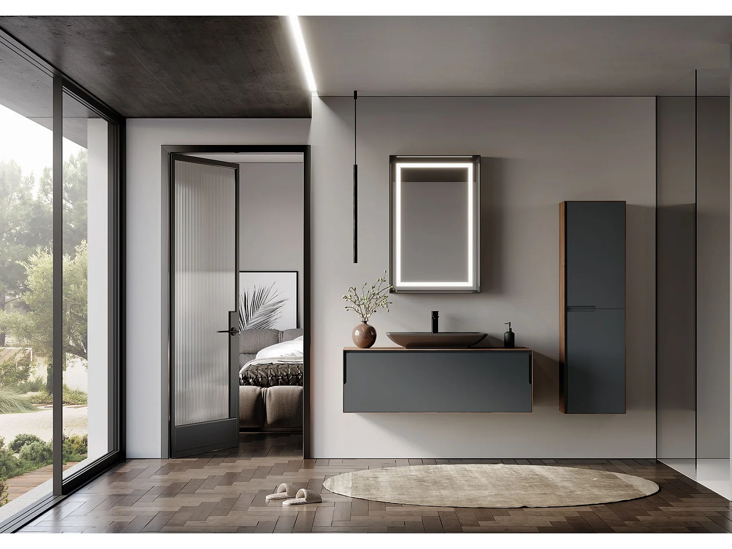 Ensemble Meuble Vasque avec Miroir (2 Pièces) "Craft 120" - 120 x 50 x 40 cm - Walnut / Anthracite