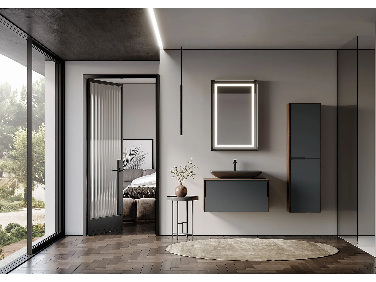Ensemble Meuble Vasque avec Miroir (2 Pièces) "Craft 80" - 60 x 50 x 40 cm - Walnut / Anthracite