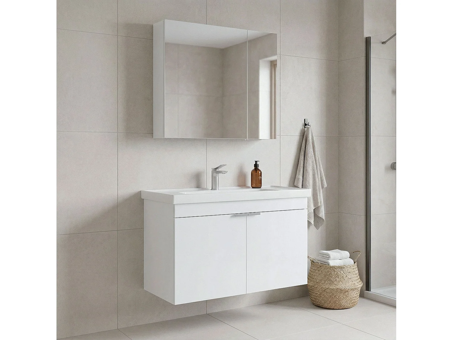 Ensemble Meuble Vasque avec Miroir (2 Pièces) "Desna 90" - 90 x 45 x 58 cm - Matte White