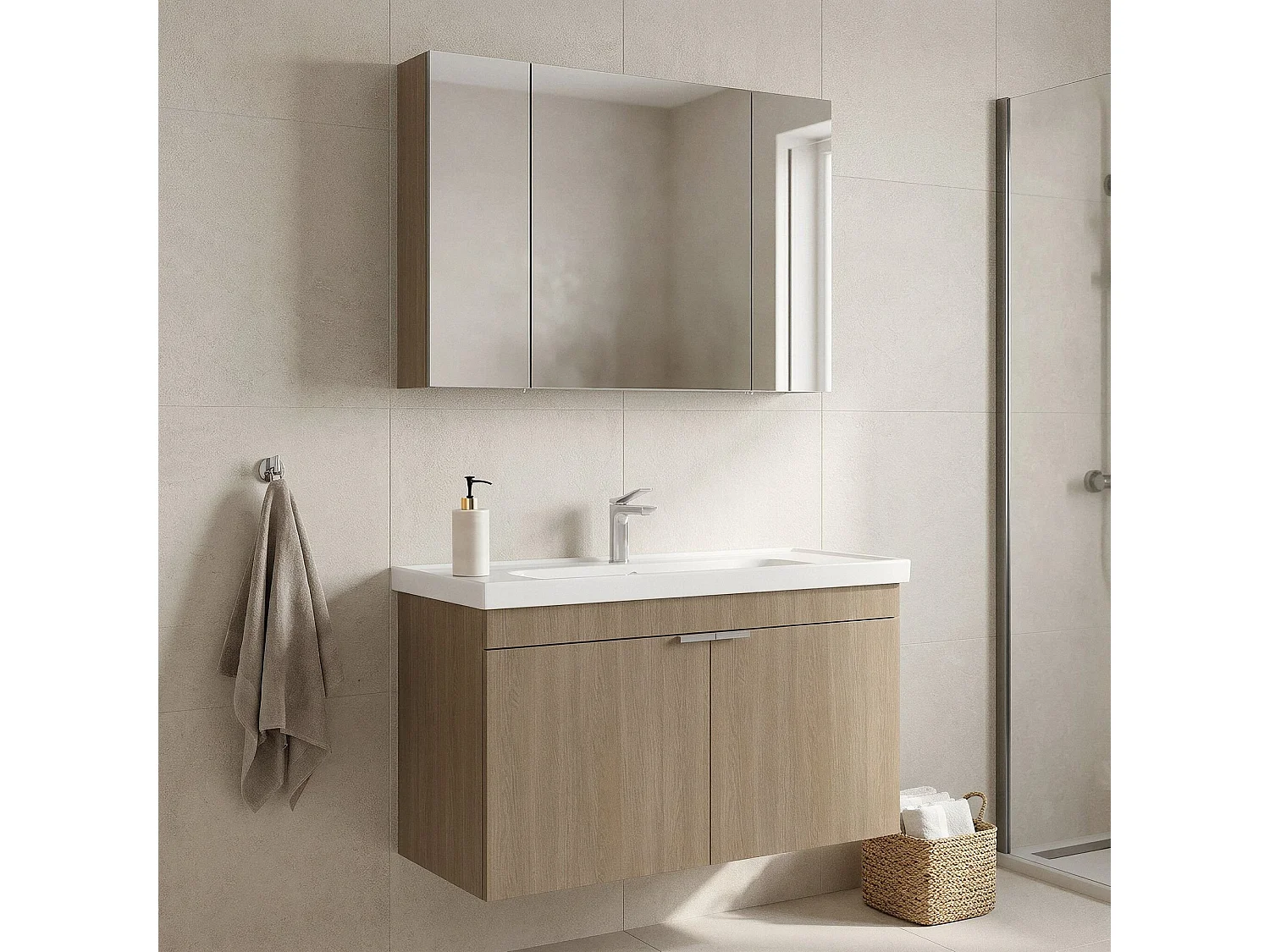 Ensemble Meuble Vasque avec Miroir (2 Pièces) "Desna 100" - 100 x 45 x 58 cm - Oak