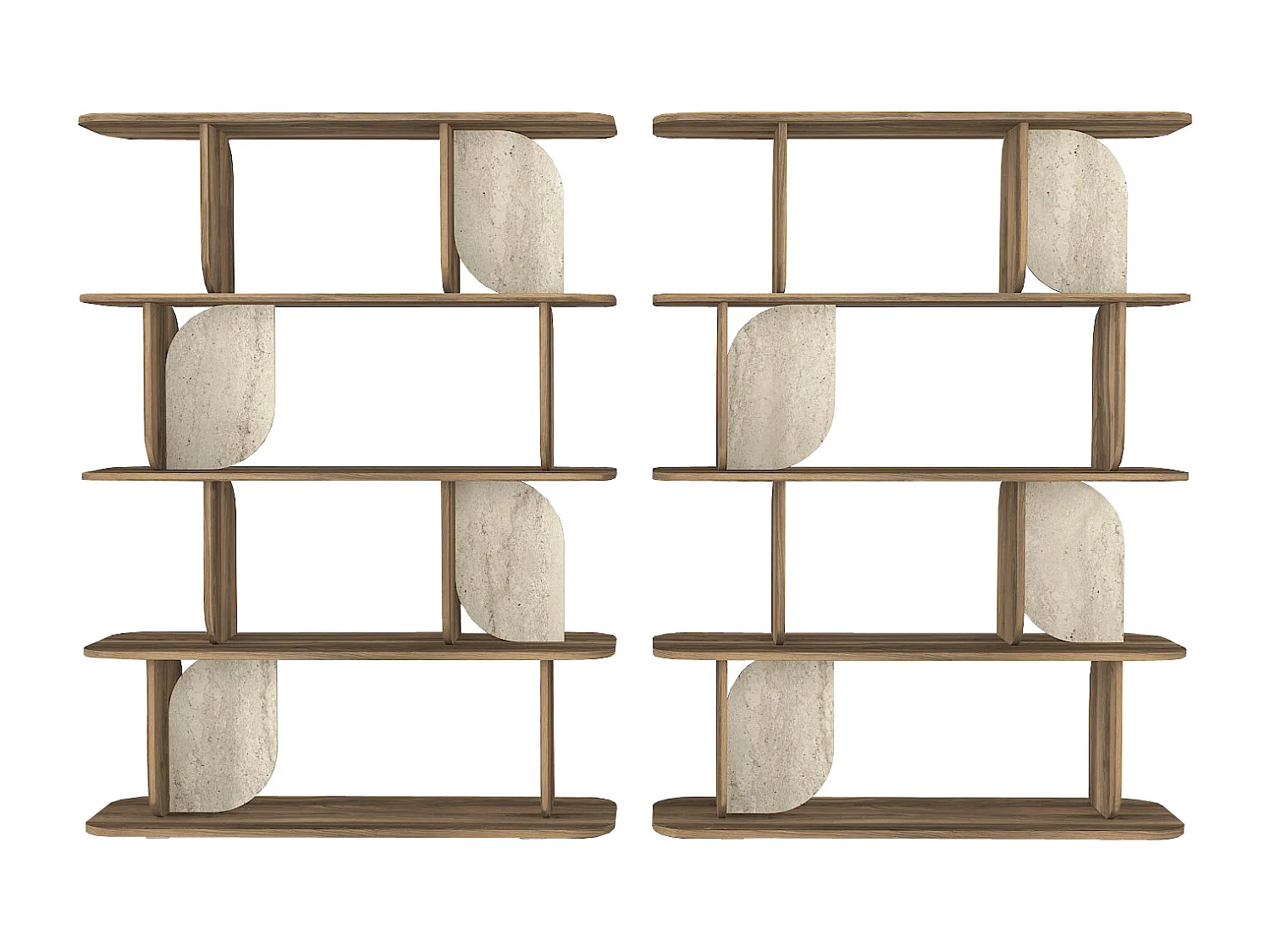 Lot de 2 étagère avec 4 tablettes - Naturel foncé et effet travertin beige - NELERIA