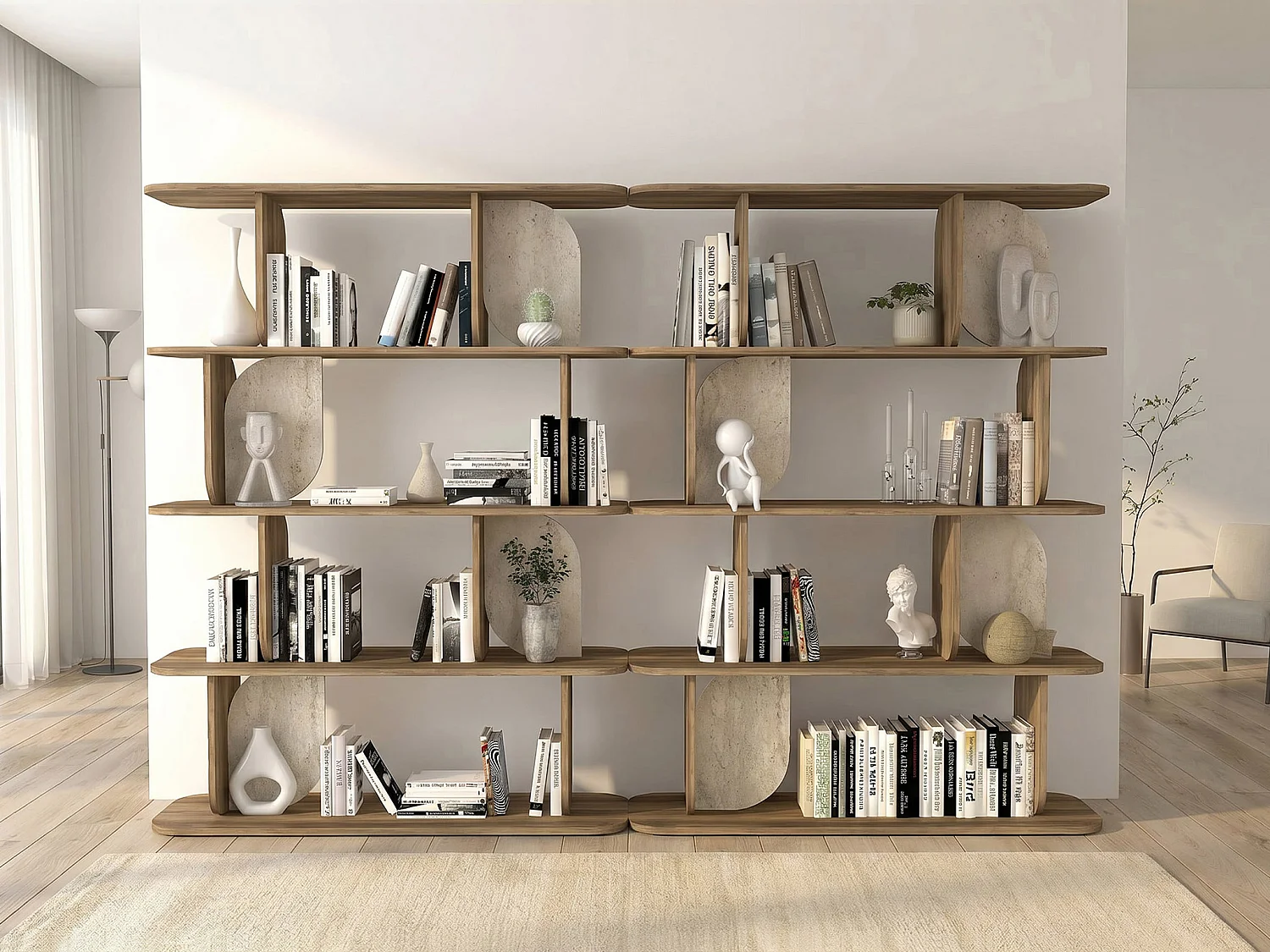 Lot de 2 étagère avec 4 tablettes - Naturel foncé et effet travertin beige - NELERIA