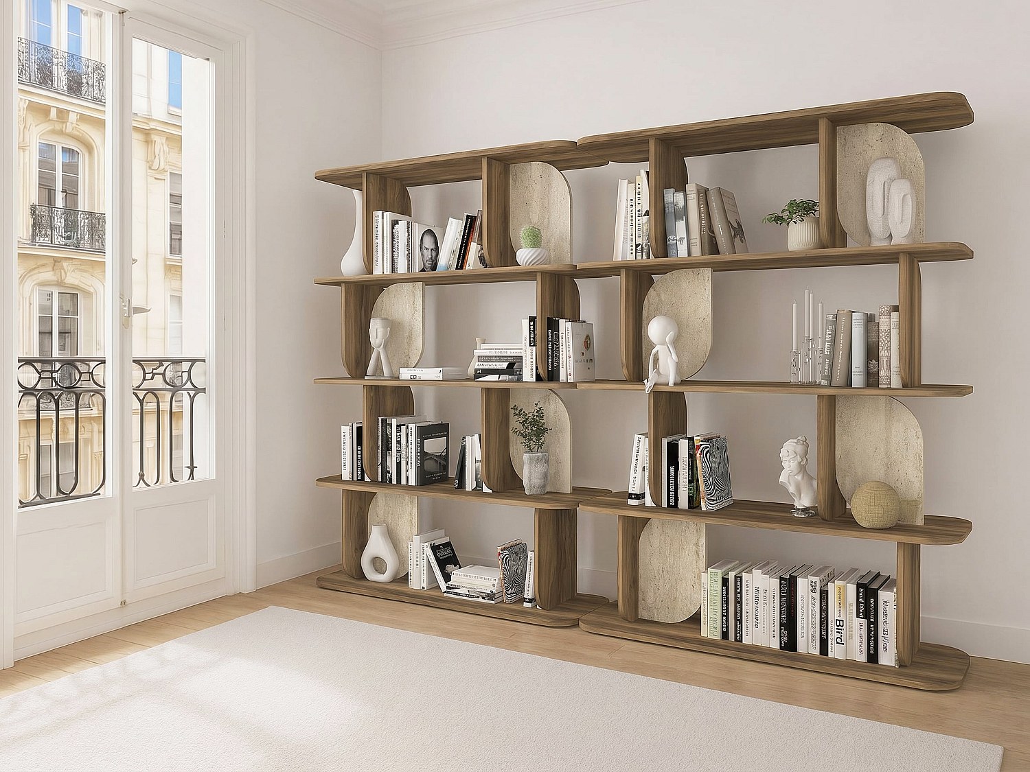 Lot de 2 étagère avec 4 tablettes - Naturel foncé et effet travertin beige - NELERIA