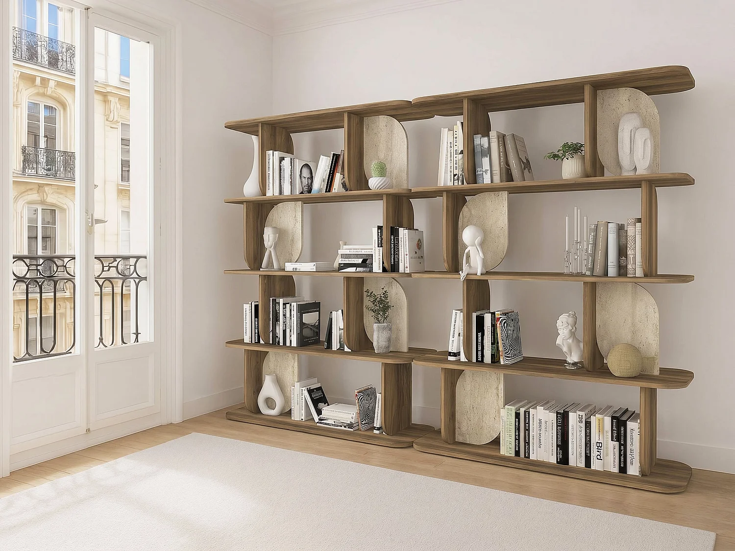 Lot de 2 étagère avec 4 tablettes - Naturel foncé et effet travertin beige - NELERIA