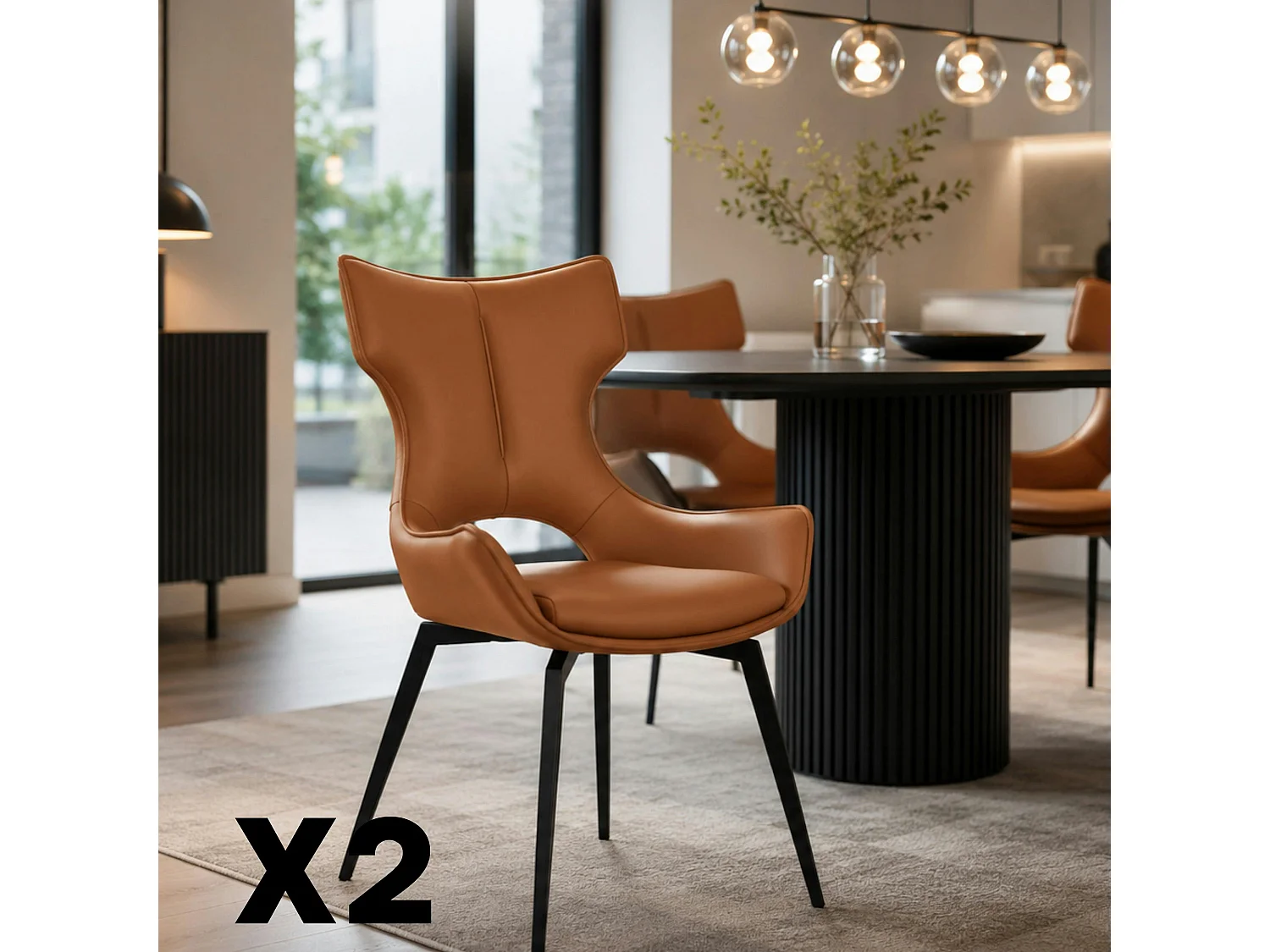 Chaise pivotante cuir cognac dossier ouvert (lot de 2) LOMBARDIE