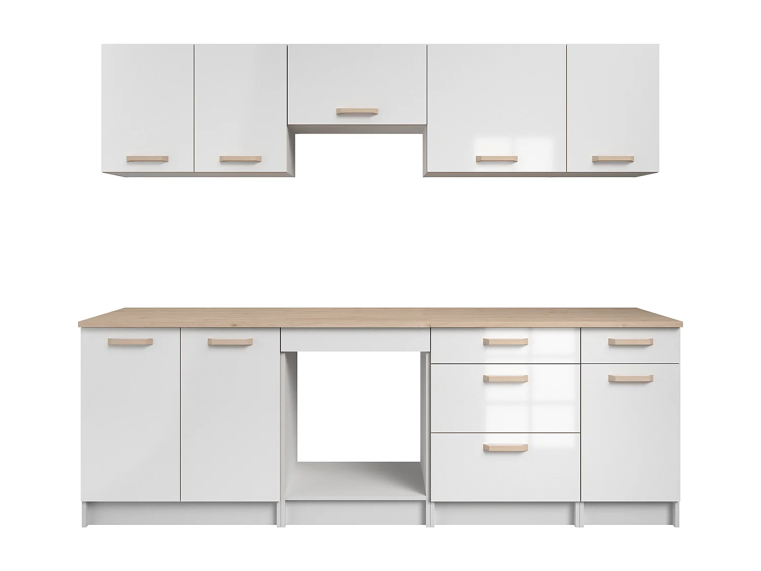 Cuisine complète - Avec plan de travail 240 cm - Blanc brillant et Naturel clair - TRATTORIA