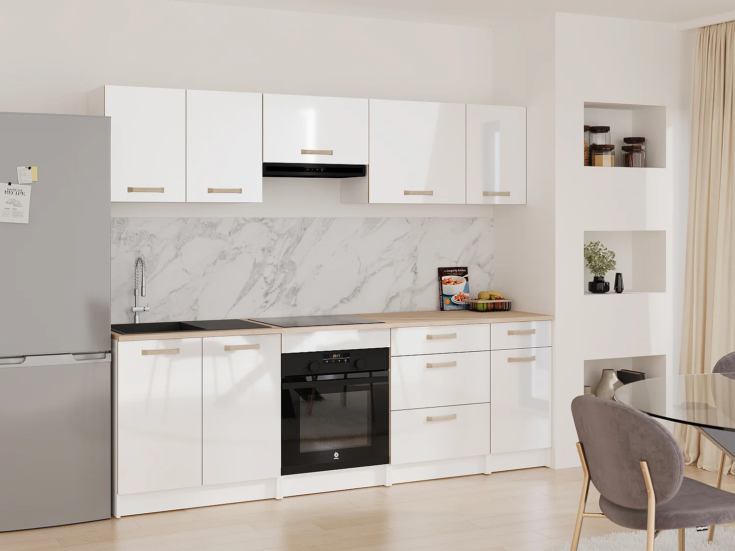 Cuisine complète - Avec plan de travail 240 cm - Blanc brillant et Naturel clair - TRATTORIA