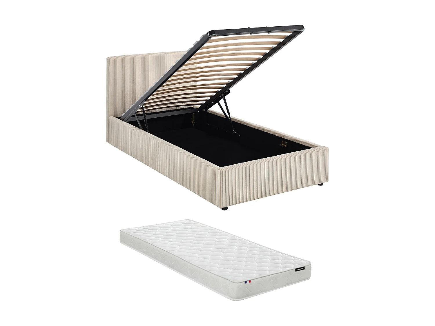 Lit coffre 90 x 190 cm – Velours côtelé – Crème + Matelas - VALME