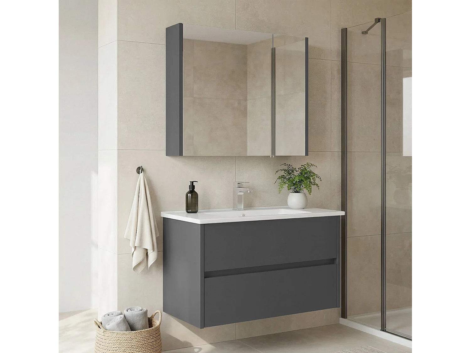 Ensemble Meuble Vasque avec Miroir (2 Pièces) "Arno 85" - 85 x 45 x 52 cm - Grey