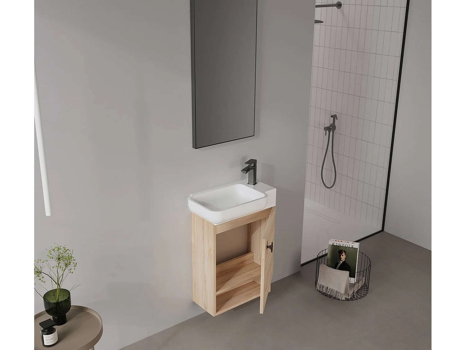 "Begonya 55" Ek Badrumsmöbelset med handfat och spegel (2-delat) - Modern Design, Soft-Close-Mekanism