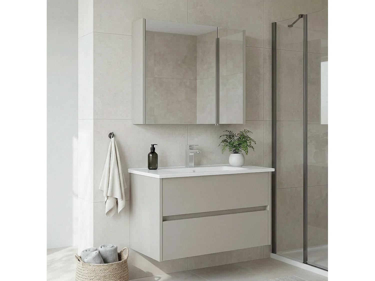 Ensemble Meuble Vasque avec Miroir (2 Pièces) "Arno 85" - 85 x 45 x 52 cm - Cashmere