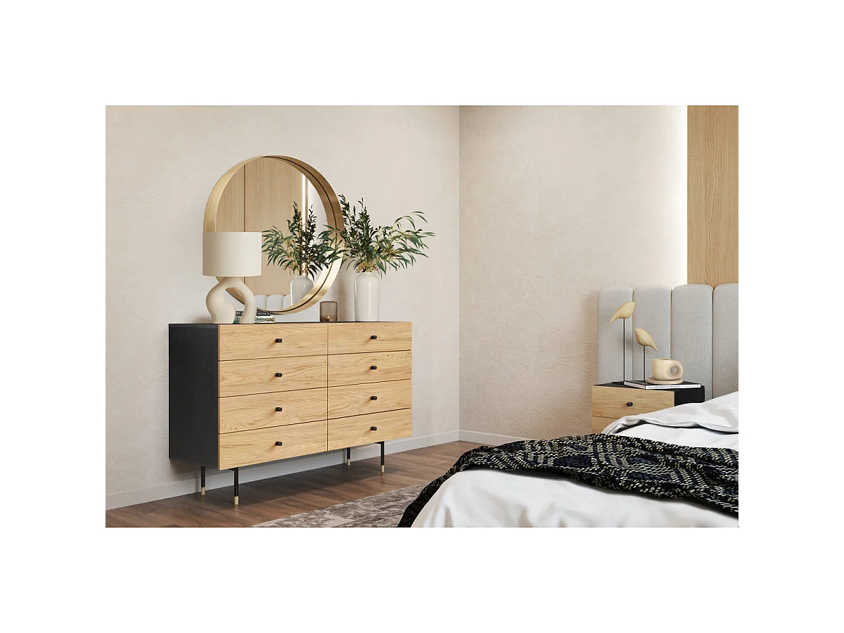 Commode 8 Tiroirs "Jugend" 130cm Noir & Chêne