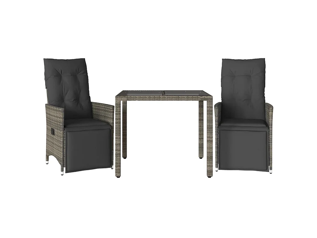 Ensemble de bistro de jardin 3 pièces coussins gris poly rotin