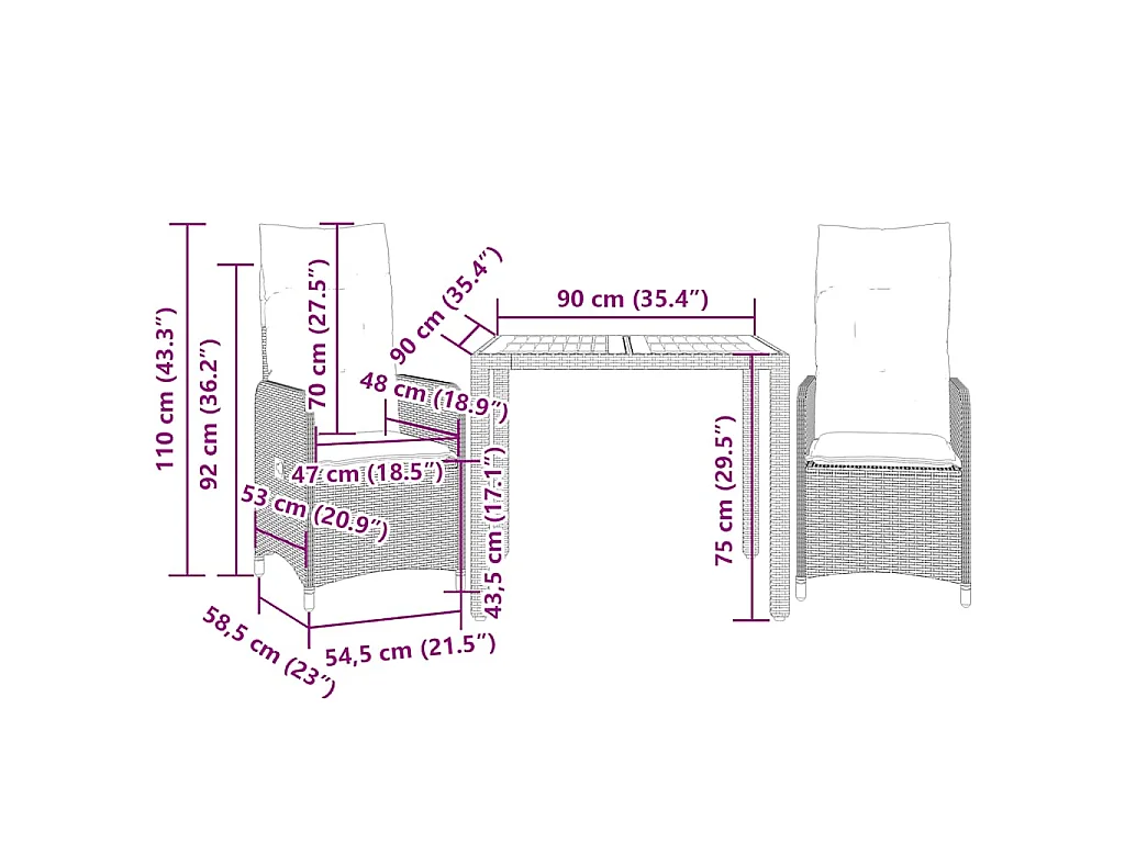 Ensemble de bistro de jardin 3 pièces coussins gris poly rotin