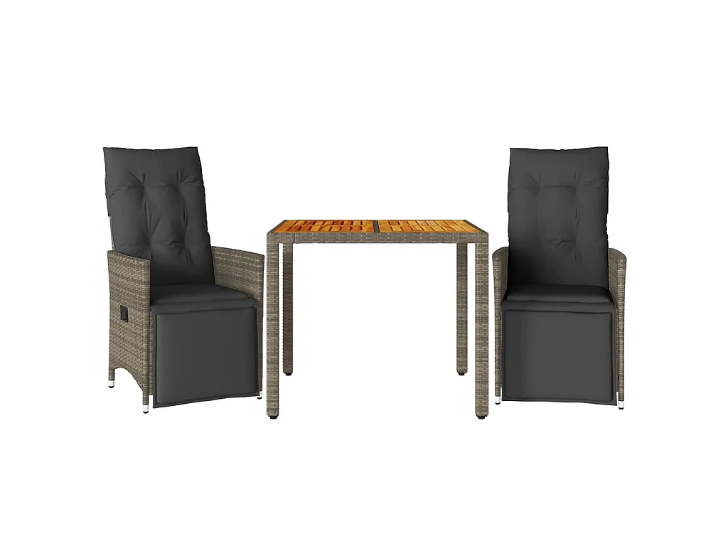 Ensemble de bistro de jardin 3 pièces coussins gris poly rotin