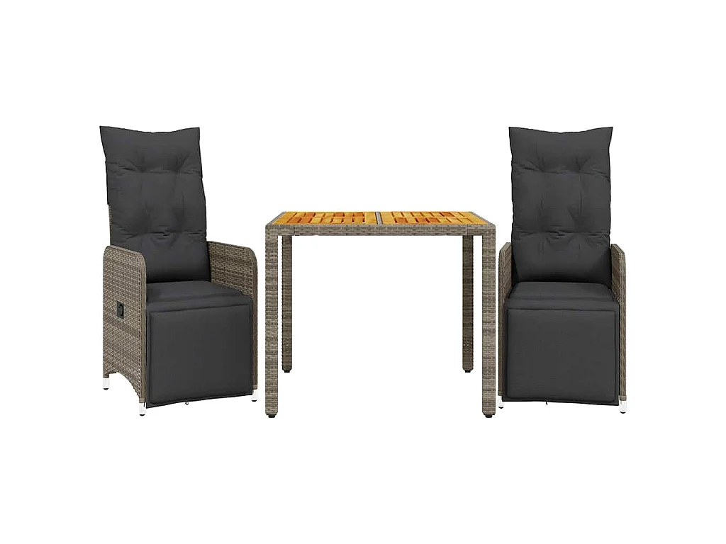 Ensemble de bistro de jardin 3 pièces coussins gris poly rotin