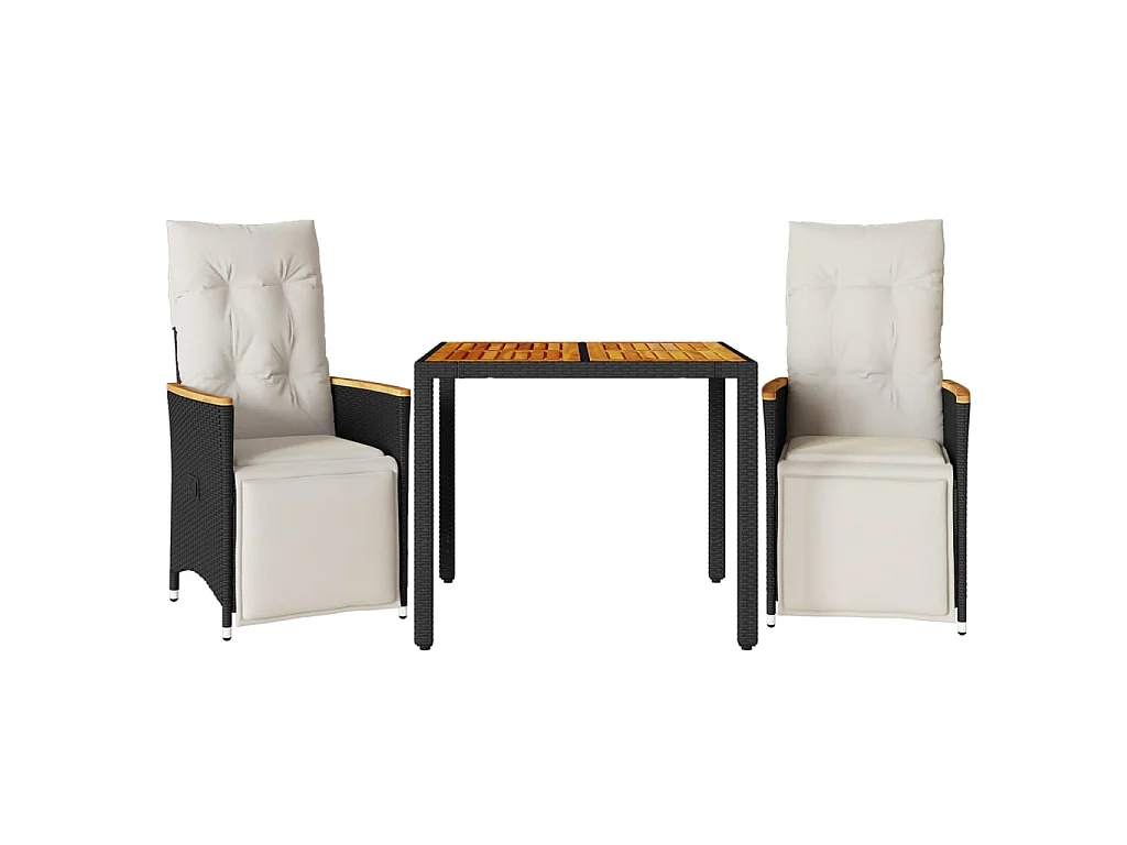 Ensemble de bistro de jardin 3 pièces coussins noir poly rotin