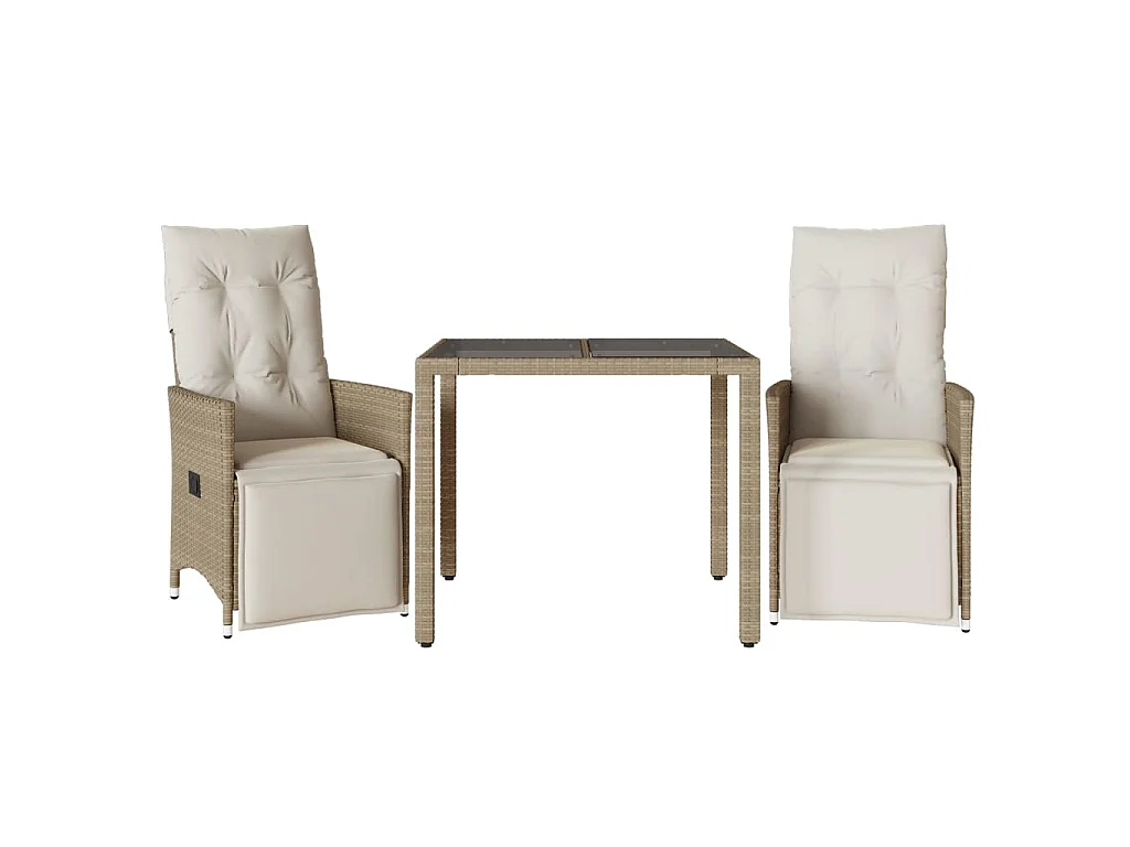 Ensemble de bistro de jardin 3 pièces coussins beige poly rotin