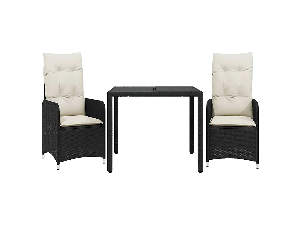 Ensemble de bistro de jardin 3 pièces coussins noir poly rotin