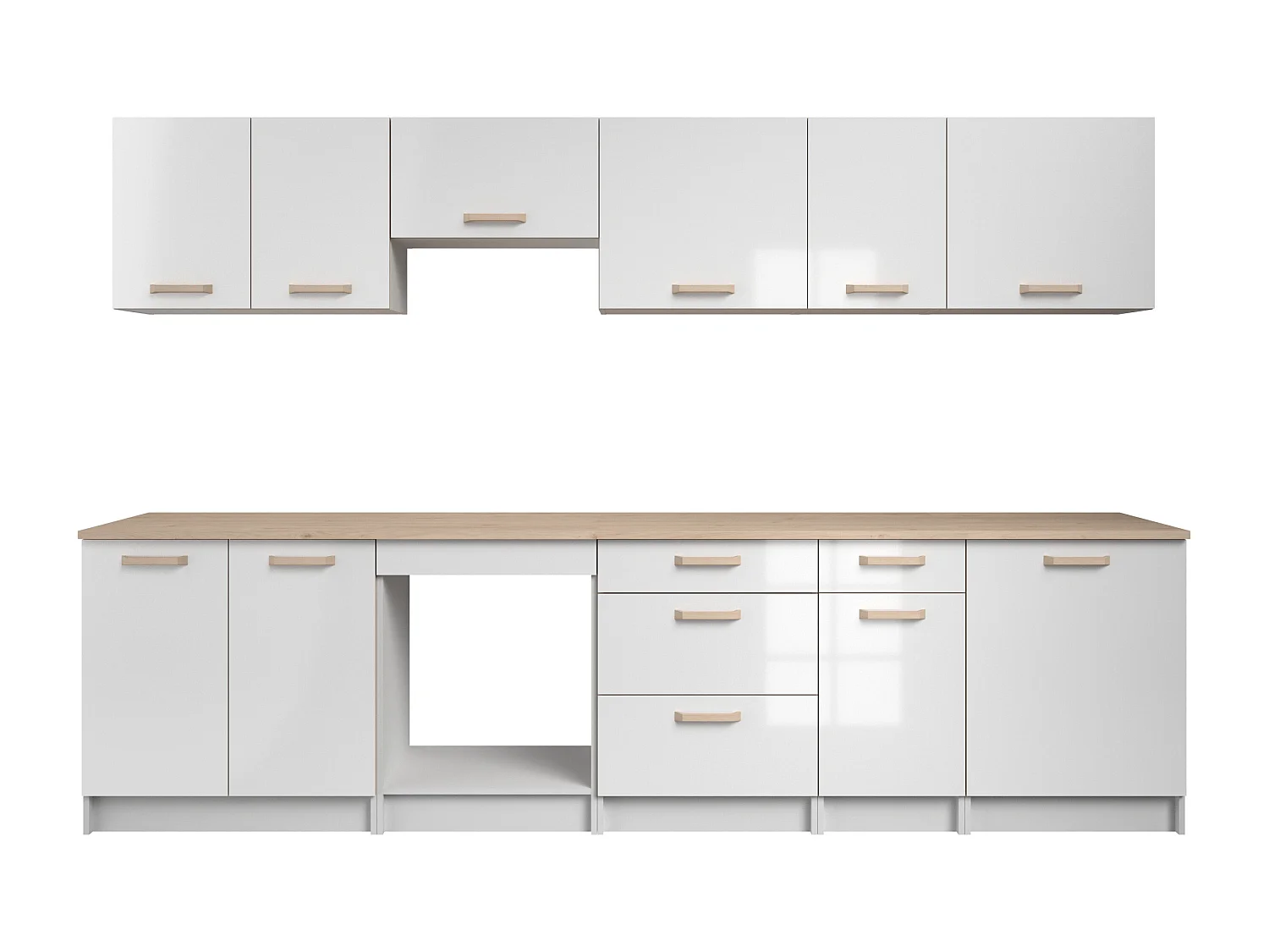Cuisine complète - Avec plan de travail 300 cm - Blanc brillant et Naturel clair - TRATTORIA