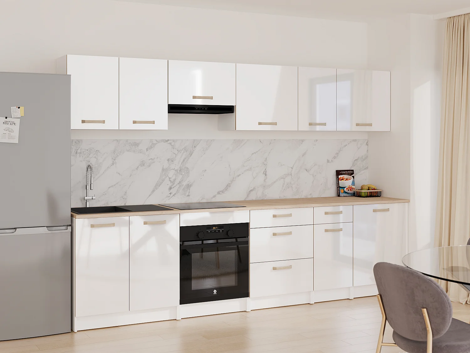 Cuisine complète - Avec plan de travail 300 cm - Blanc brillant et Naturel clair - TRATTORIA