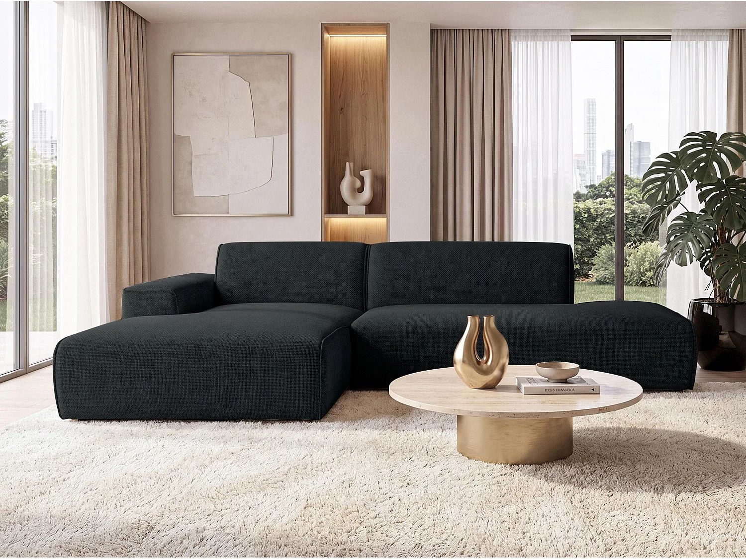 AX LIVING Moderne Hoekbank Didim Duo 284 cm Donkergrijs Chenille Bank L