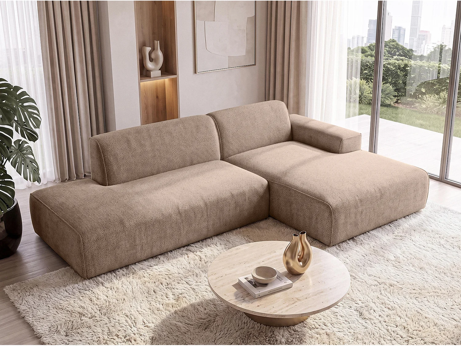 AX LIVING Moderne Hoekbank Didim Duo 284 cm Warmbruin Chenille Bank R