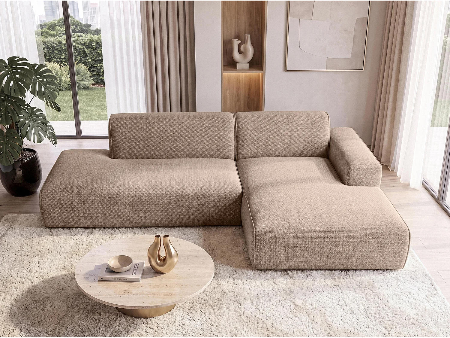 AX LIVING Moderne Hoekbank Didim Duo 284 cm Warmbruin Chenille Bank R
