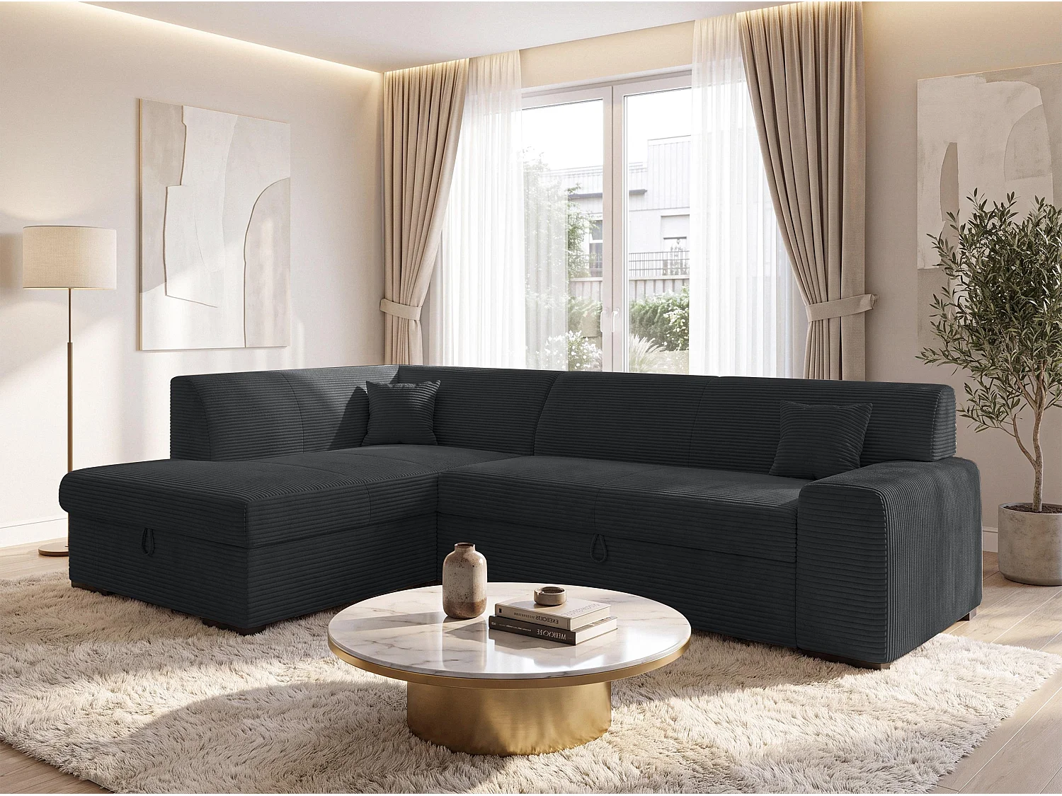 AX LIVING Ecksofa Schwarz Lucera 260 cm Schlafsofa mit Bettkasten L 