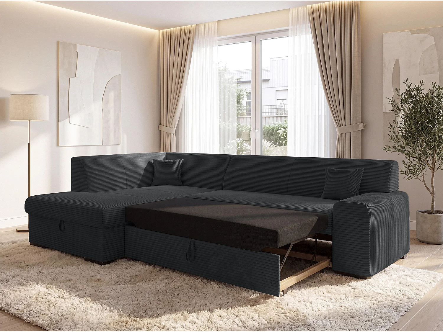 AX LIVING Ecksofa Schwarz Lucera 260 cm Schlafsofa mit Bettkasten L 