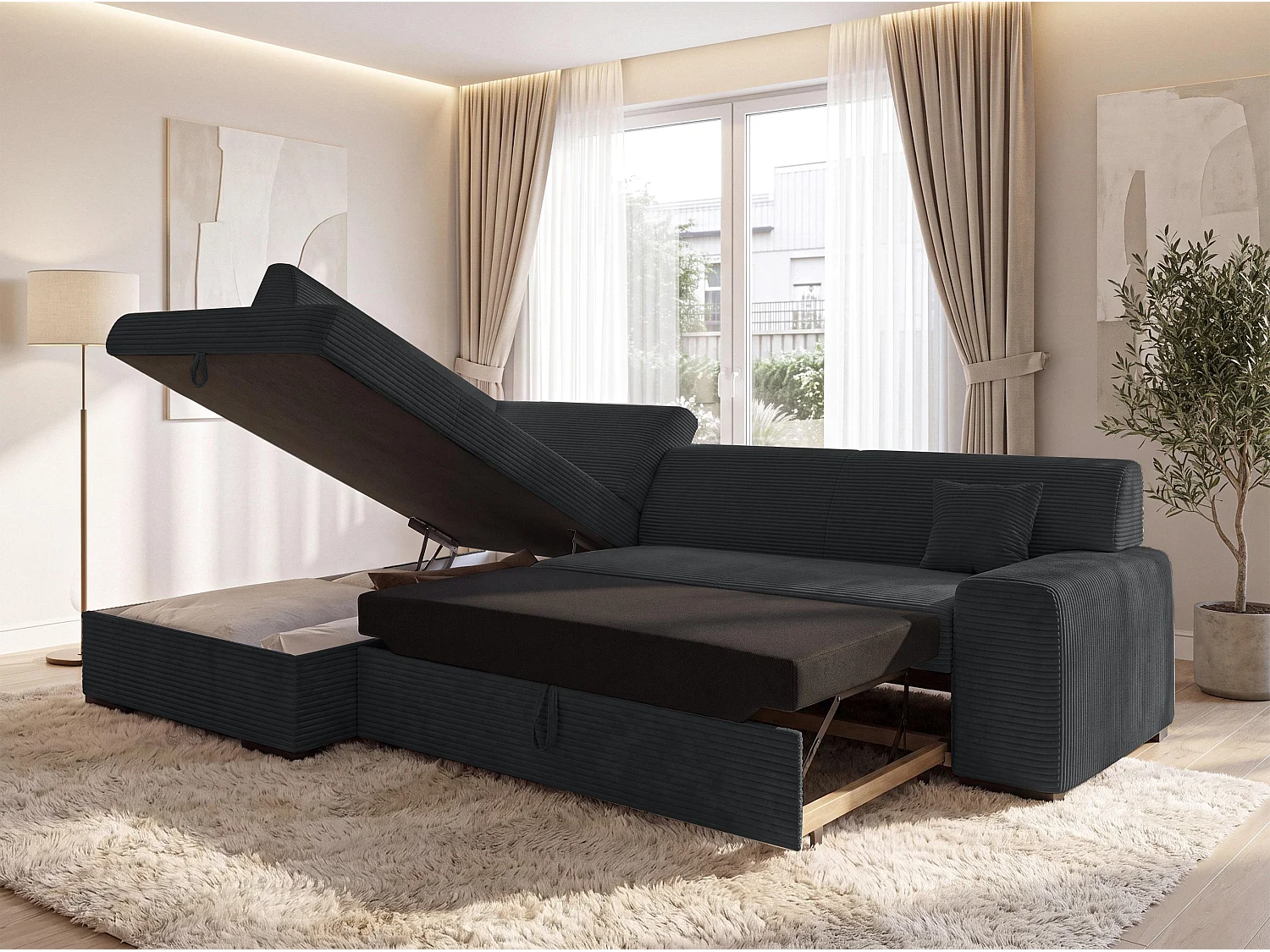 AX LIVING Ecksofa Schwarz Lucera 260 cm Schlafsofa mit Bettkasten L 