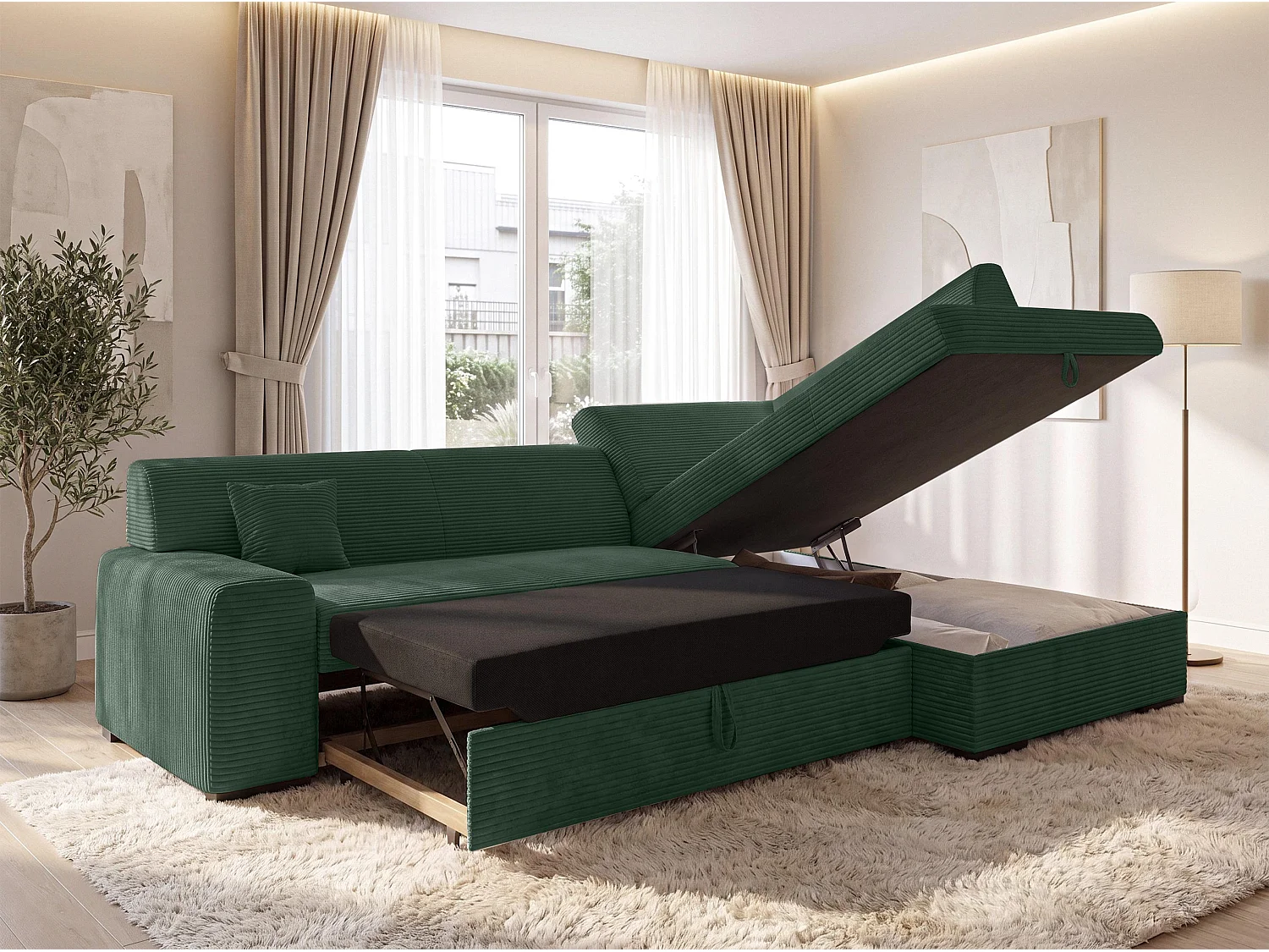 AX LIVING Couch für Wohnzimmer Lucera 260 cm Flaschengrün Schlafsofa R 
