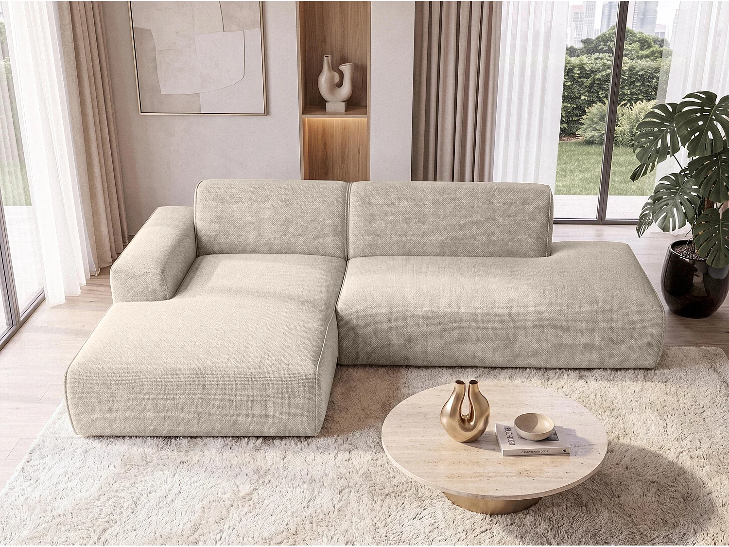 AX LIVING Moderne Hoekbank Didim Duo 284 cm Beige Chenille Bank L