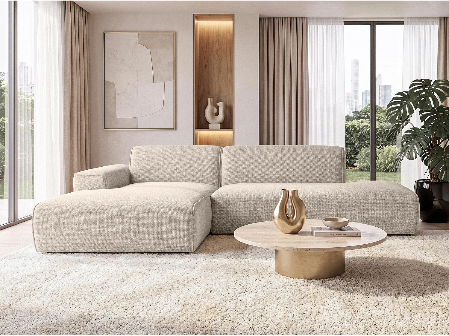 AX LIVING Moderne Hoekbank Didim Duo 284 cm Beige Chenille Bank L