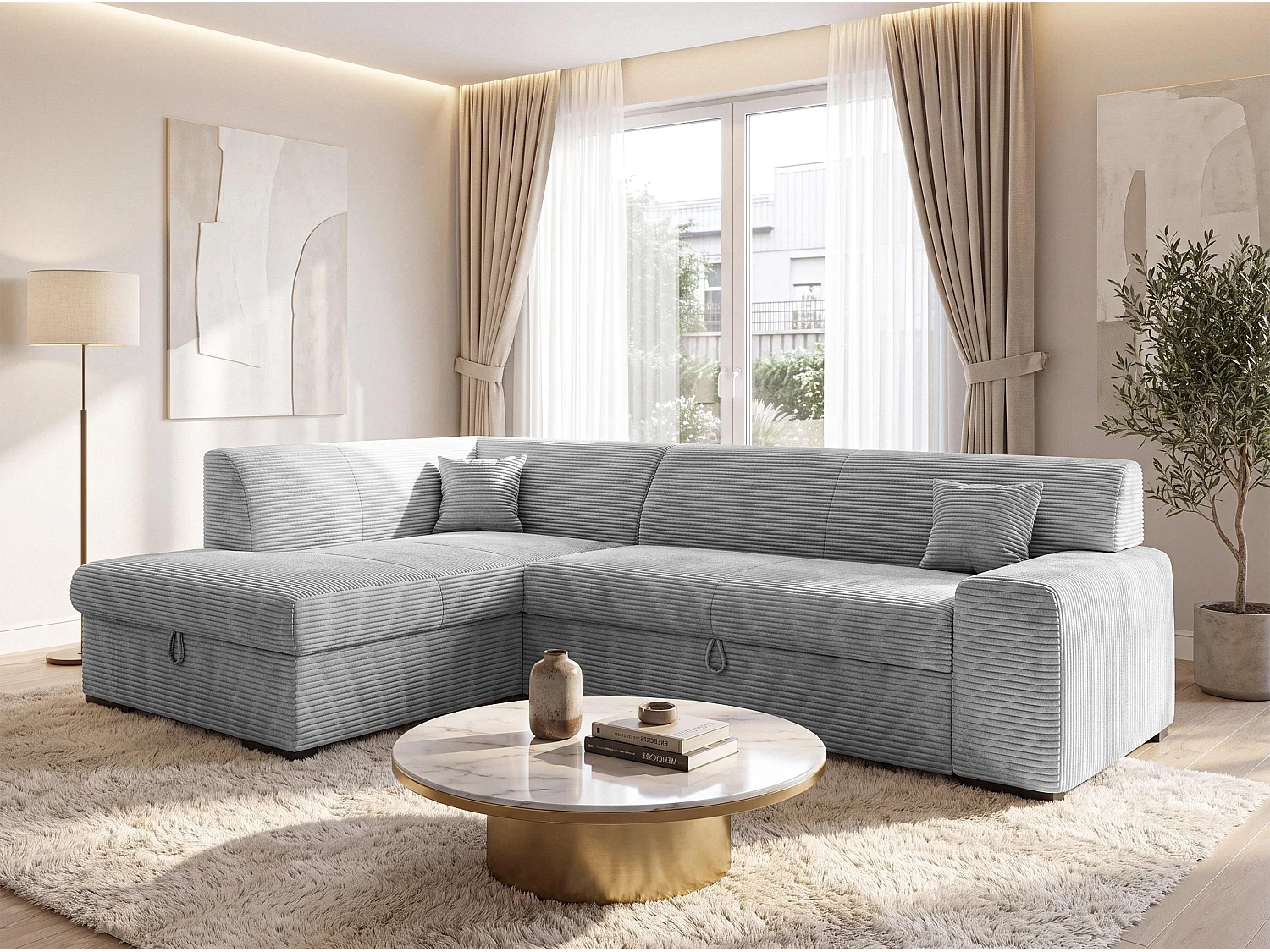 AX LIVING Couch Hellgrau Lucera 260 cm Schlafsofa mit Bettkasten L 