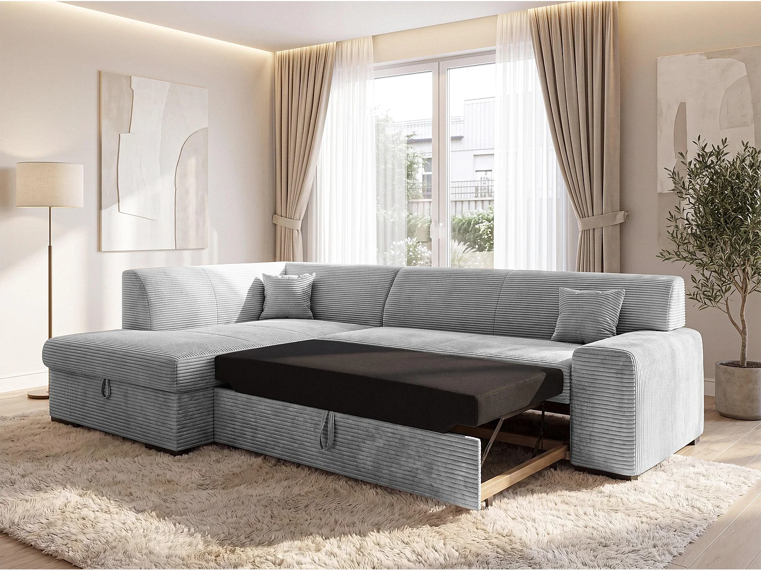 AX LIVING Couch Hellgrau Lucera 260 cm Schlafsofa mit Bettkasten L 