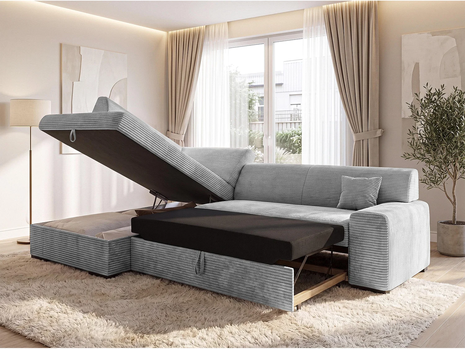 AX LIVING Couch Hellgrau Lucera 260 cm Schlafsofa mit Bettkasten L 