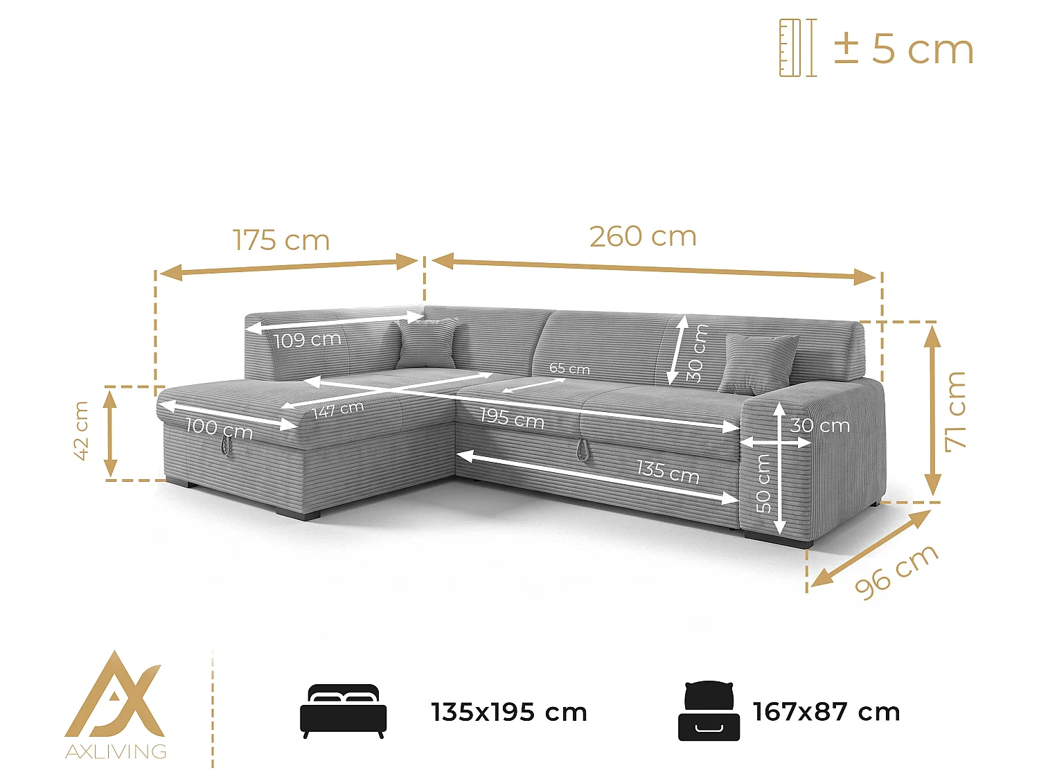 AX LIVING Couch Hellgrau Lucera 260 cm Schlafsofa mit Bettkasten L 