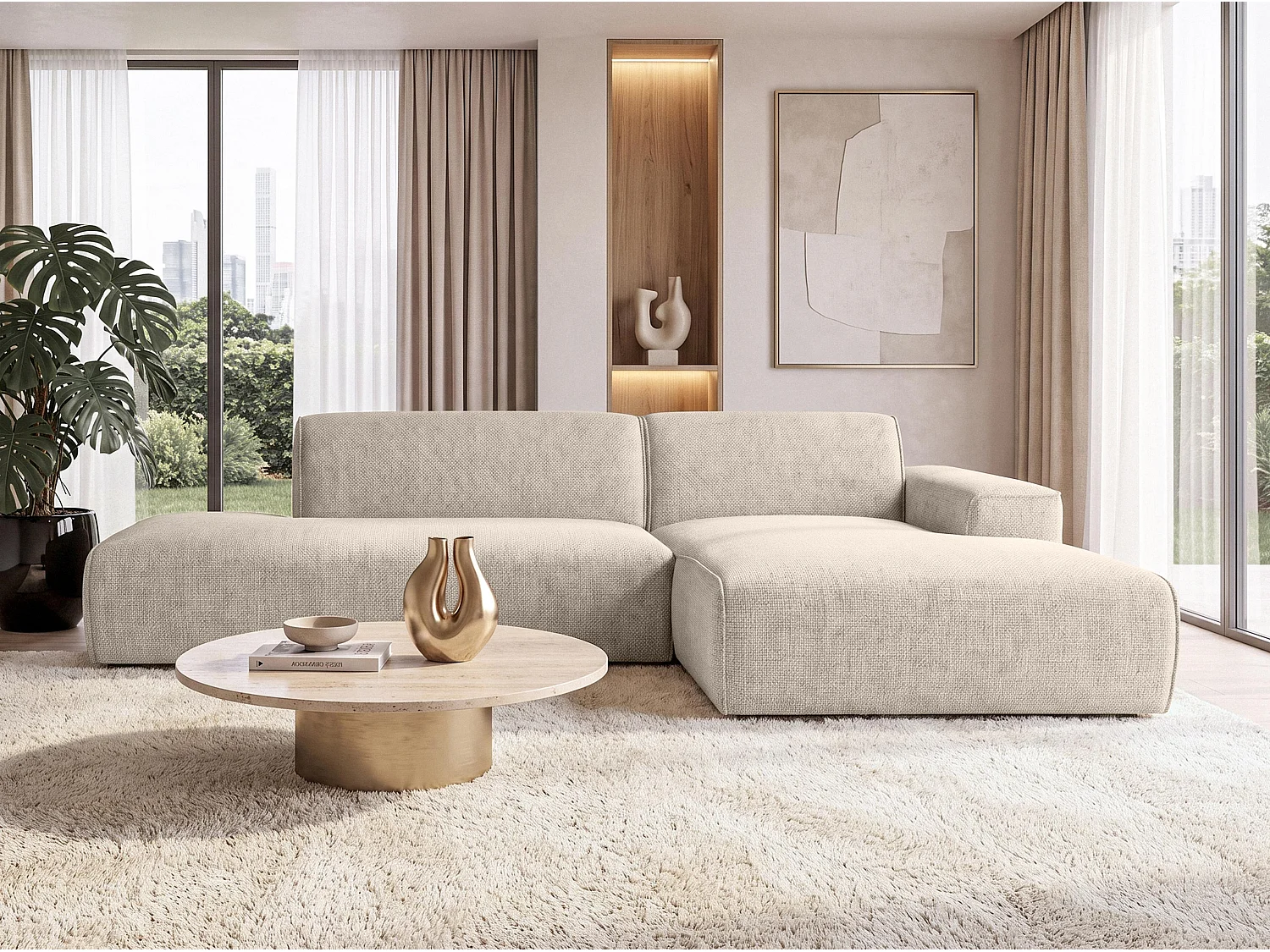 AX LIVING Moderne Hoekbank Didim Duo 284 cm Beige Chenille Bank R