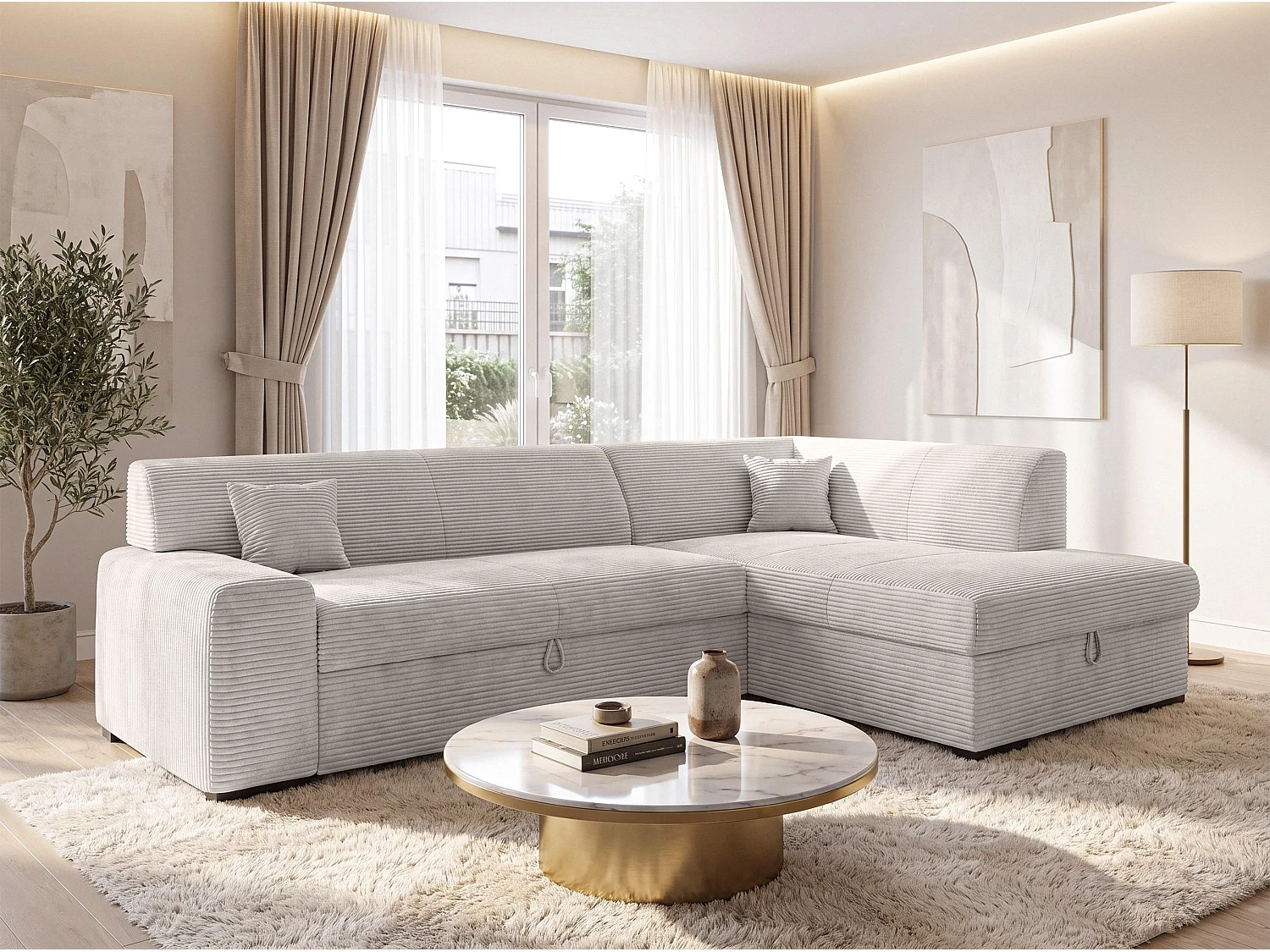AX LIVING Eckcouch Weiß Lucera 260 cm Elfenbeinweiß Schlafsofa R 