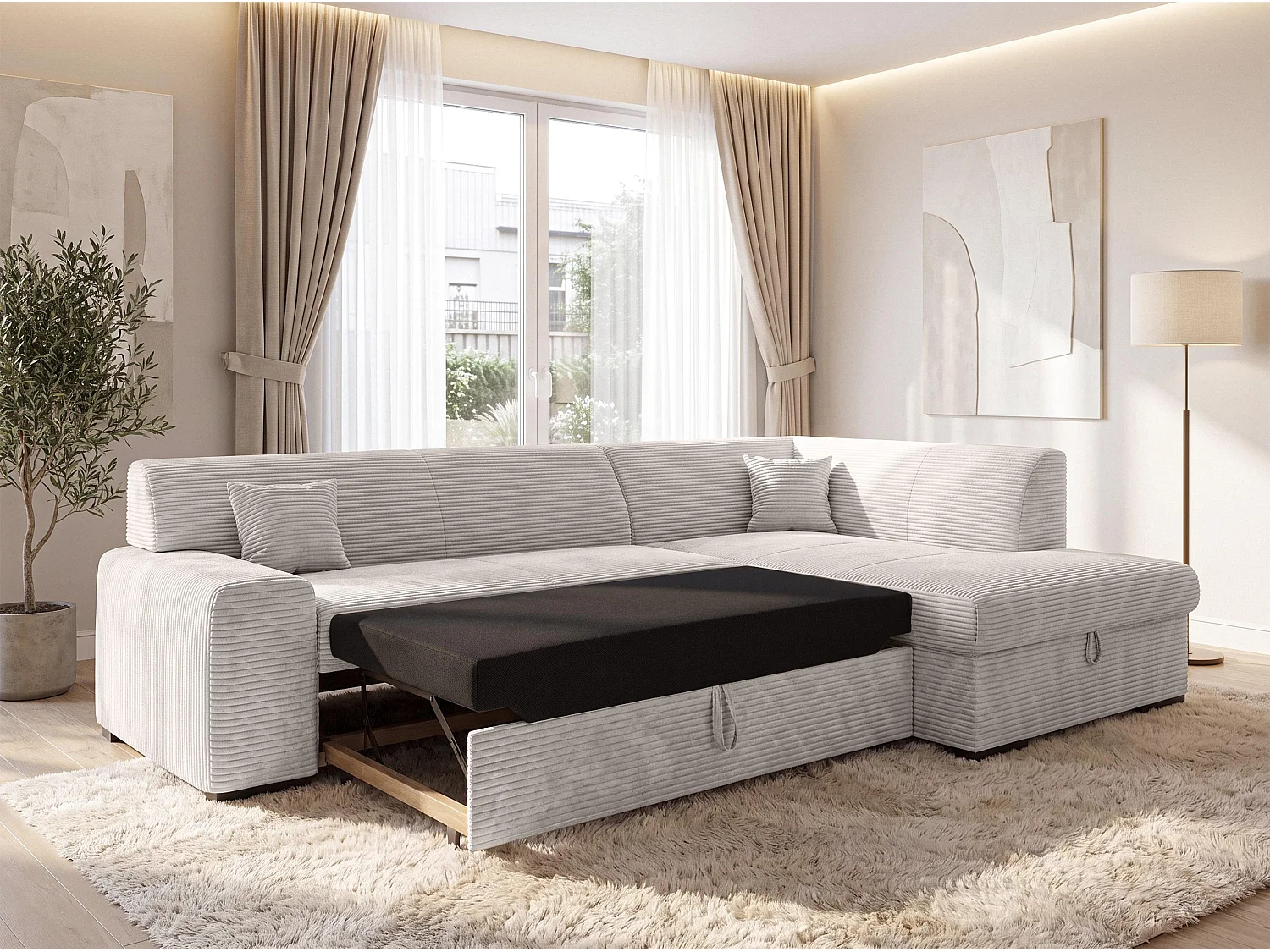 AX LIVING Eckcouch Weiß Lucera 260 cm Elfenbeinweiß Schlafsofa R 
