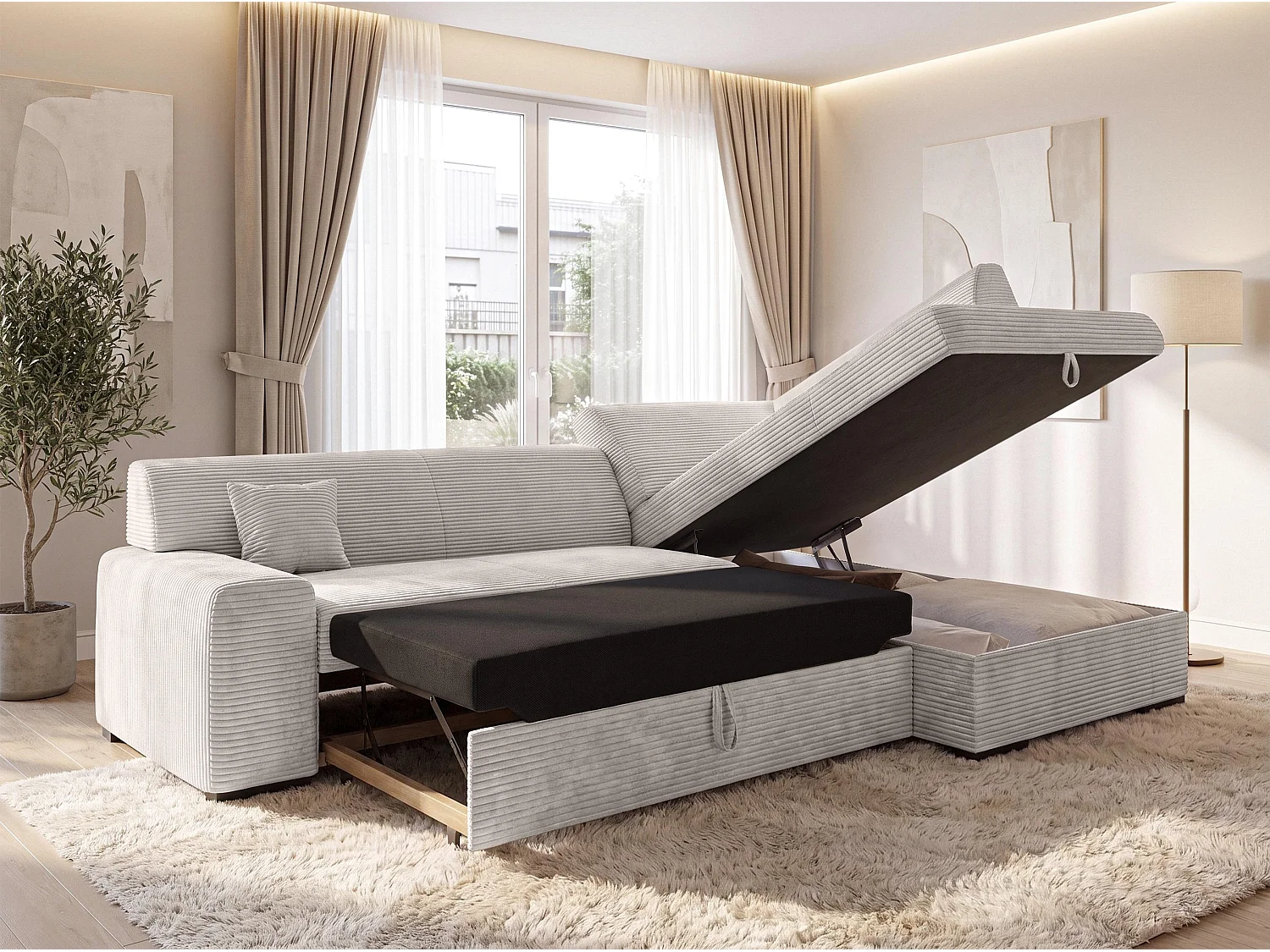 AX LIVING Eckcouch Weiß Lucera 260 cm Elfenbeinweiß Schlafsofa R 