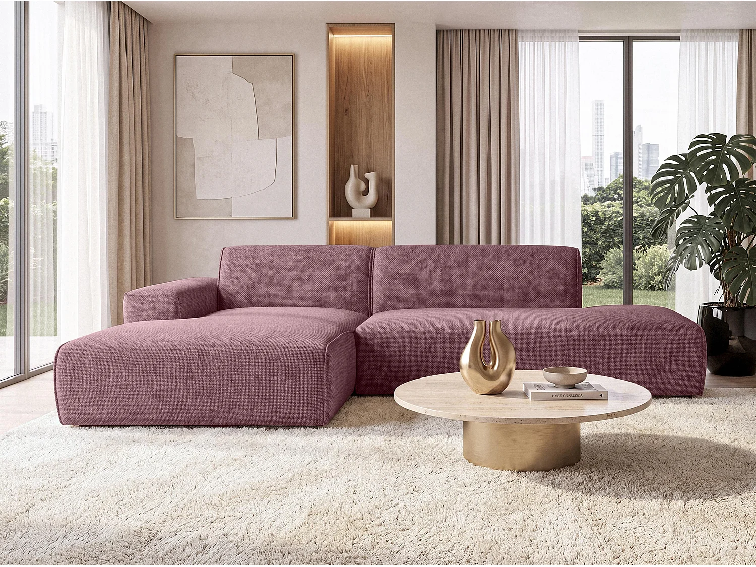 AX LIVING Moderne Hoekbank Didim Duo 284 cm Roze Chenille Hoekbank L