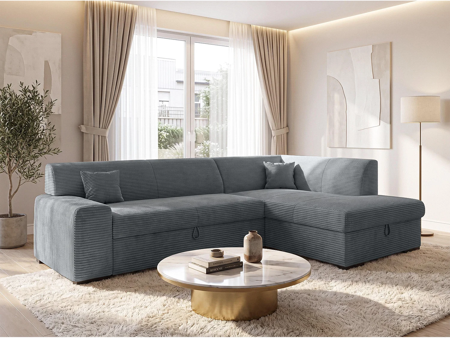 AX LIVING Ecksofa Grau Lucera 260 cm Schlafsofa mit Bettkasten R 