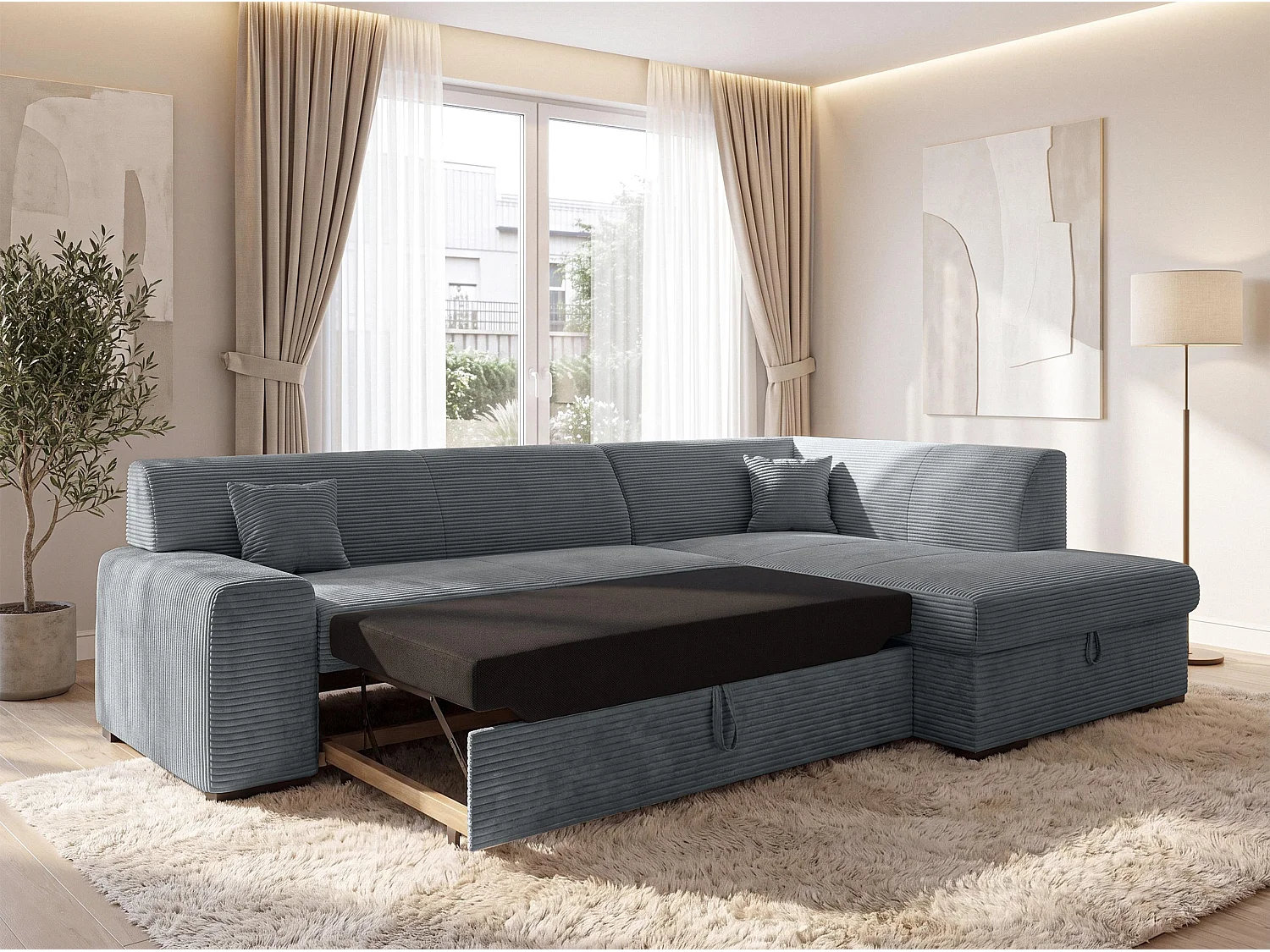 AX LIVING Ecksofa Grau Lucera 260 cm Schlafsofa mit Bettkasten R 
