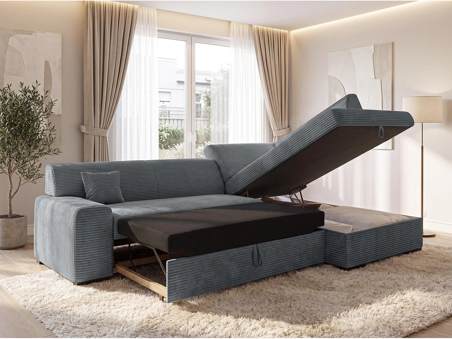 AX LIVING Ecksofa Grau Lucera 260 cm Schlafsofa mit Bettkasten R 