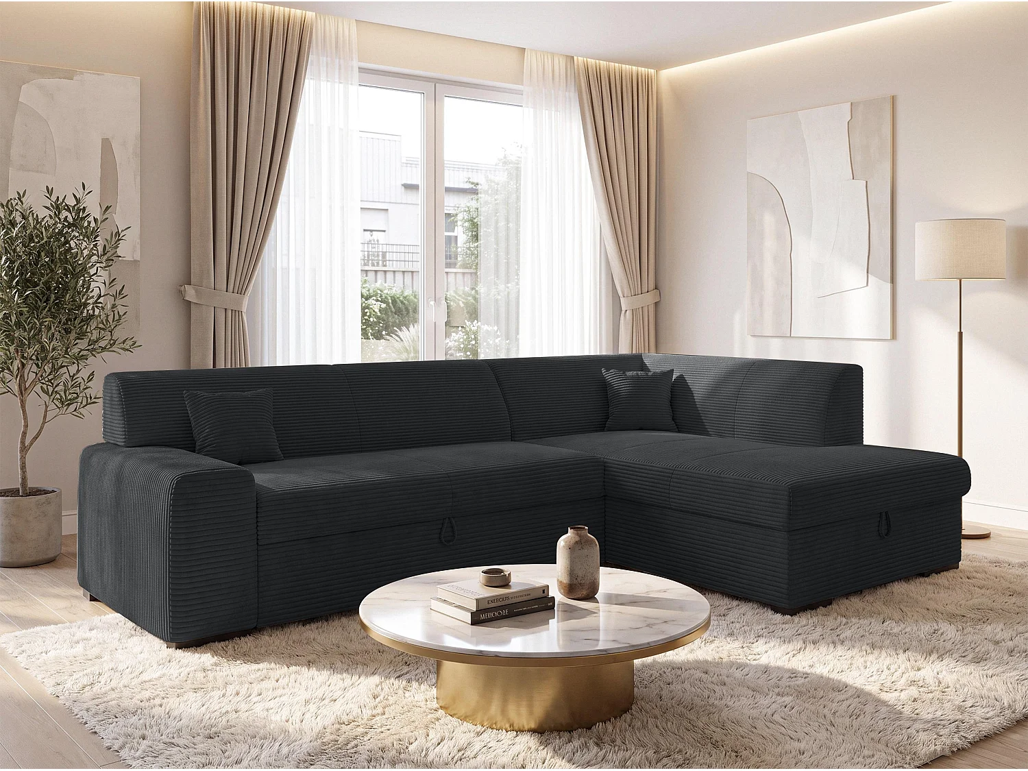 AX LIVING Ecksofa Schwarz Lucera 260 cm Schlafsofa mit Bettkasten R 