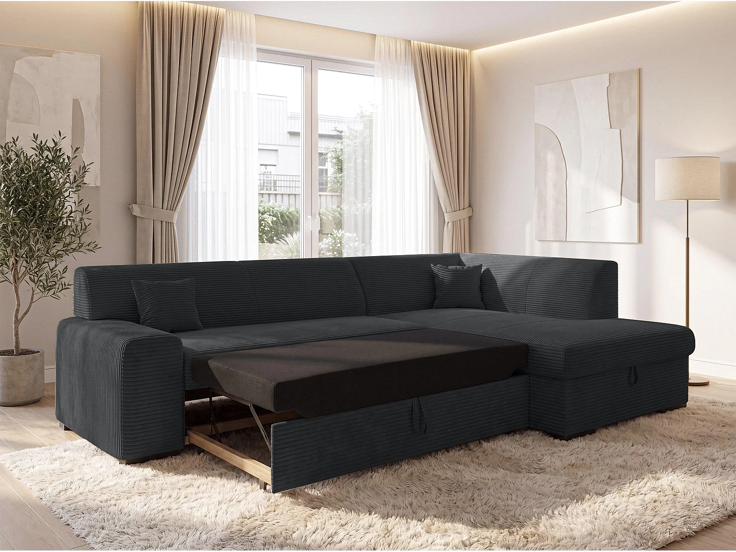 AX LIVING Ecksofa Schwarz Lucera 260 cm Schlafsofa mit Bettkasten R 