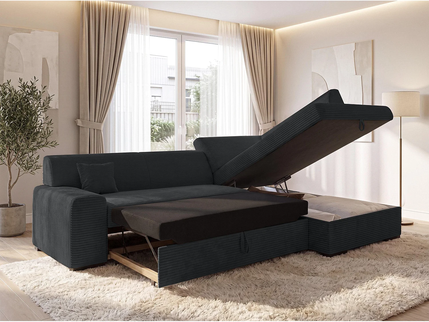 AX LIVING Ecksofa Schwarz Lucera 260 cm Schlafsofa mit Bettkasten R 